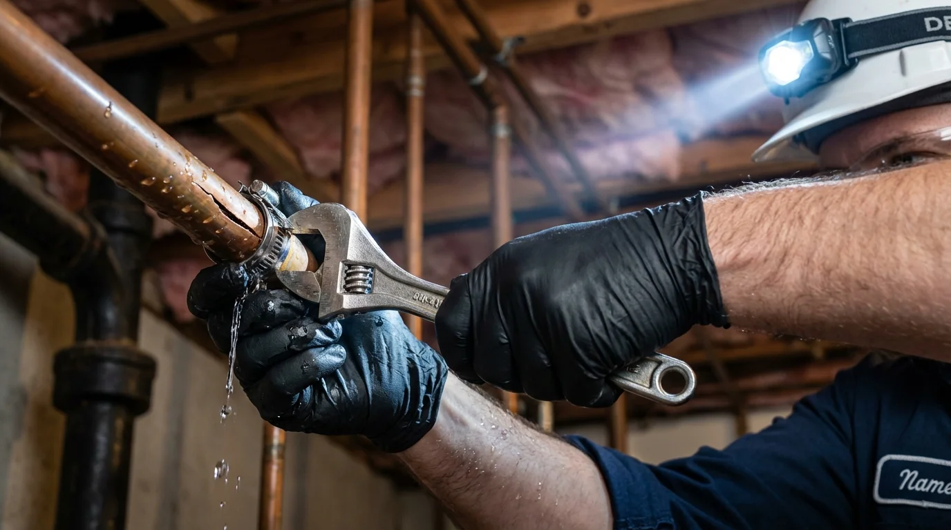 Emergency pipe clamp repair being performed by a Johns Plumbing LLC plumber in Coxsackie