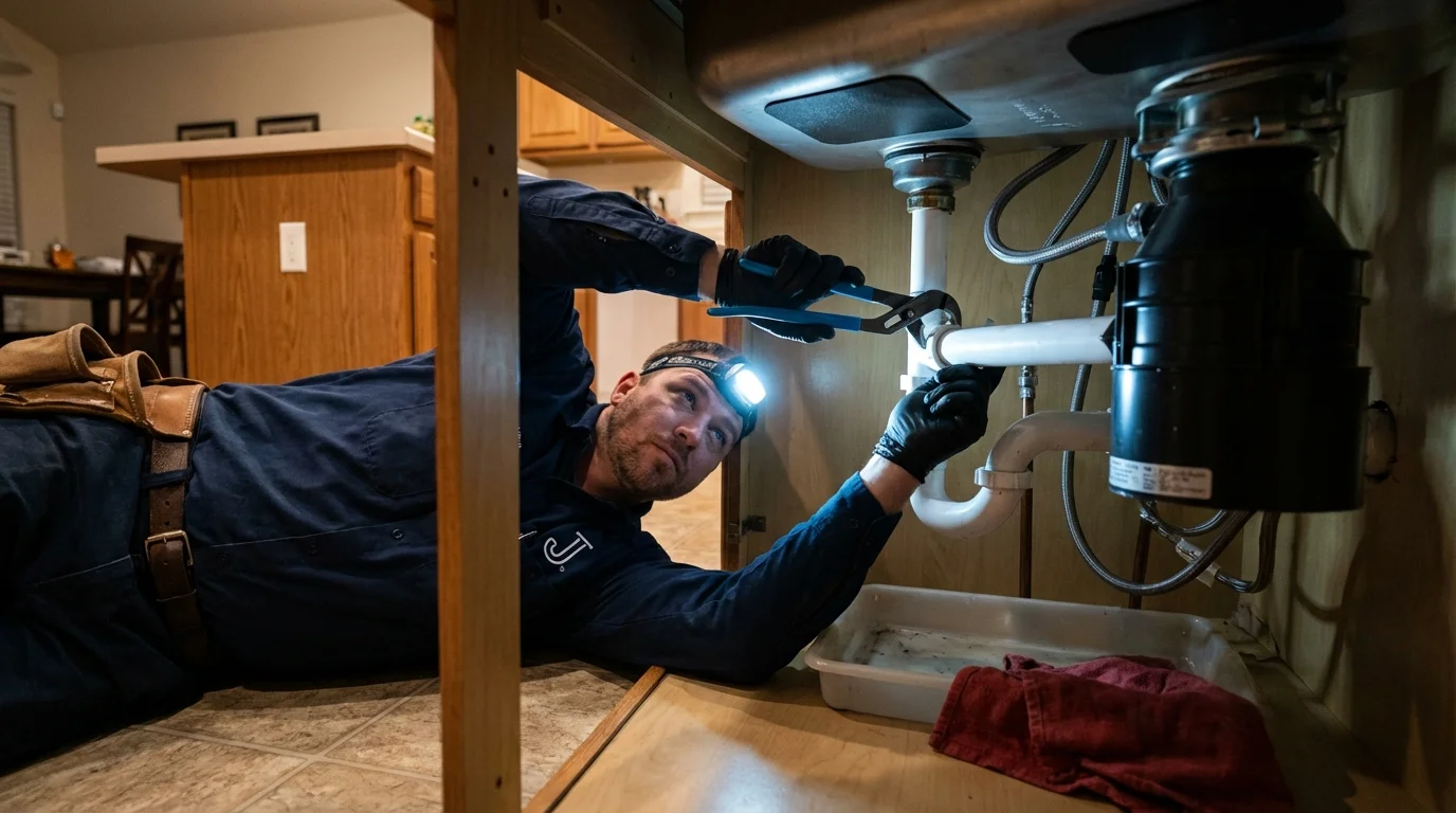 P-trap and supply line connections under a kitchen sink showing a common leak point in Coxsackie, NY